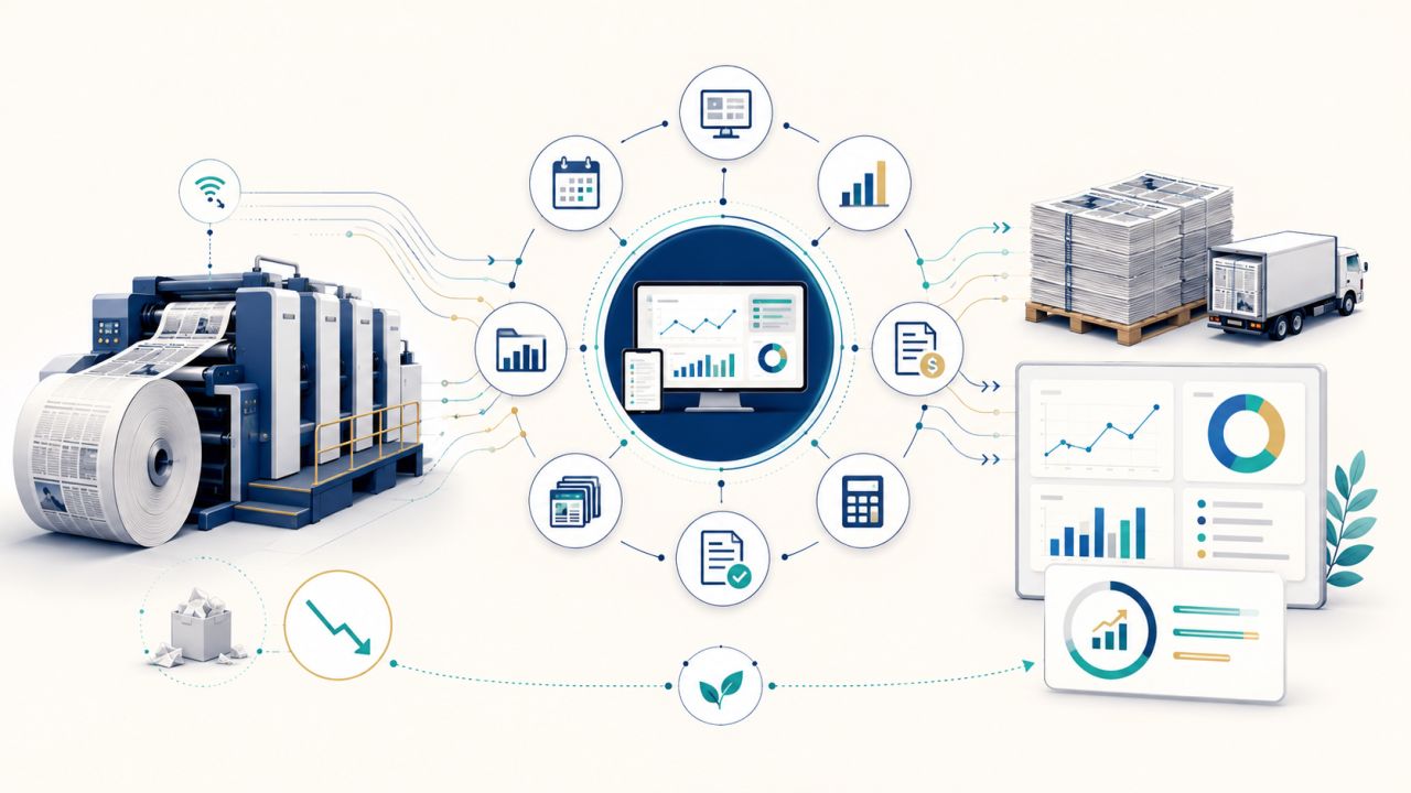 Diagramm einer Zeitungsdruckmaschine, die über eine zentrale Datenplattform mit Planung, Analytics, Abrechnung und Auslieferung verbunden ist, mit einem Pfeil für Makulaturreduktion