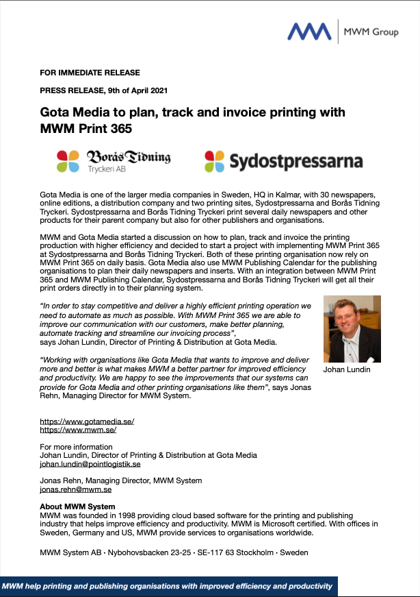Gota Media to plan, track and invoice printing | with MWM Print365
