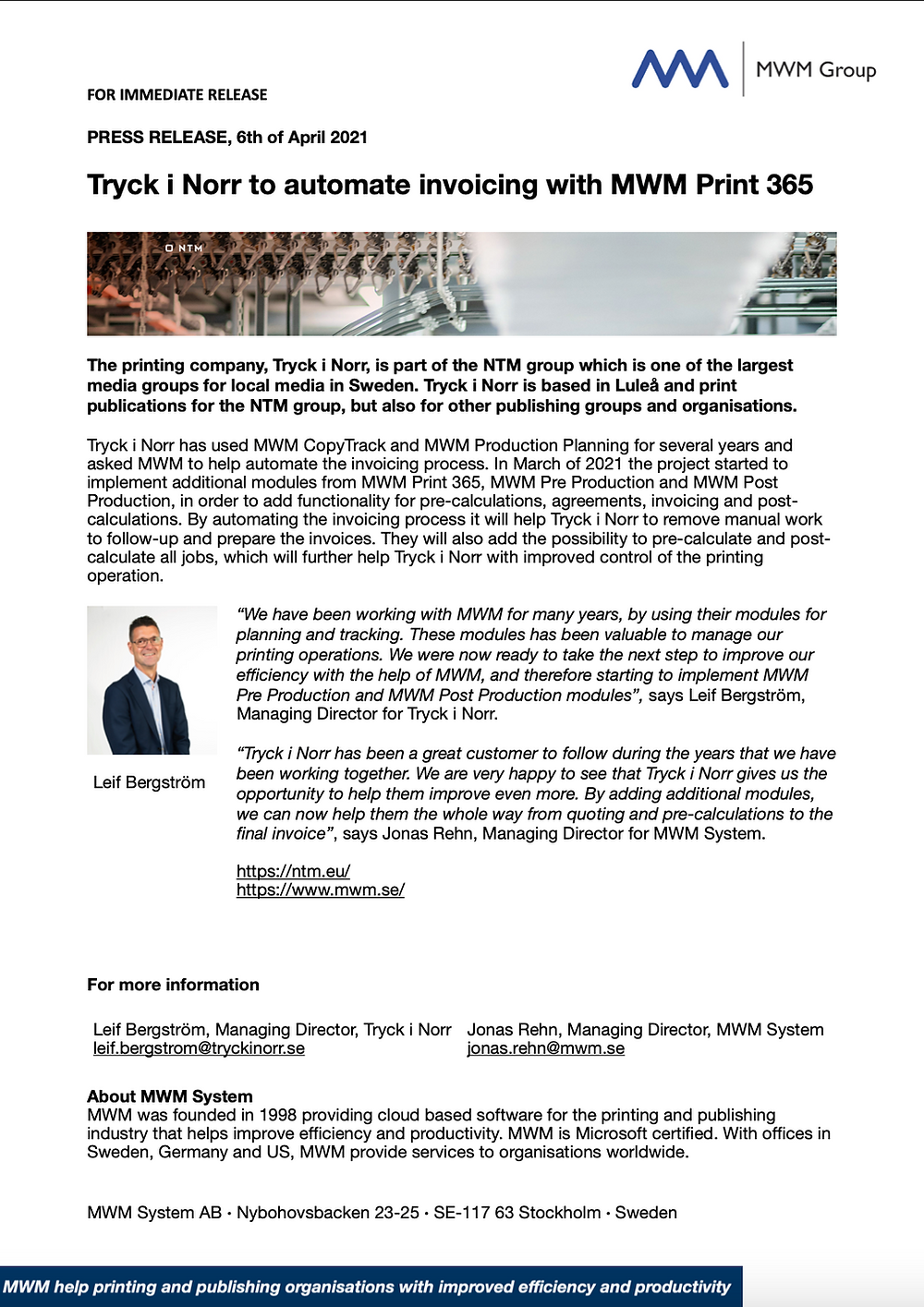 Tryck i Norr to automate invoicing | with MWM Print365