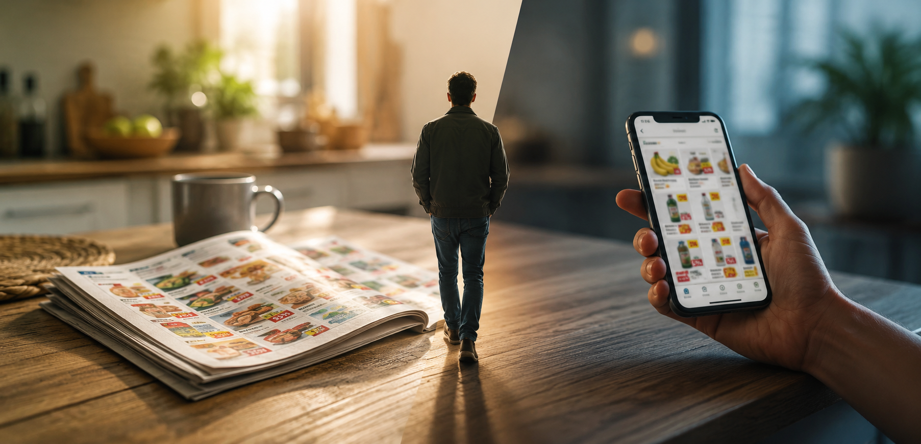 Man walking away from a printed store flyer on a kitchen table toward a hand holding a phone with a digital flyer app