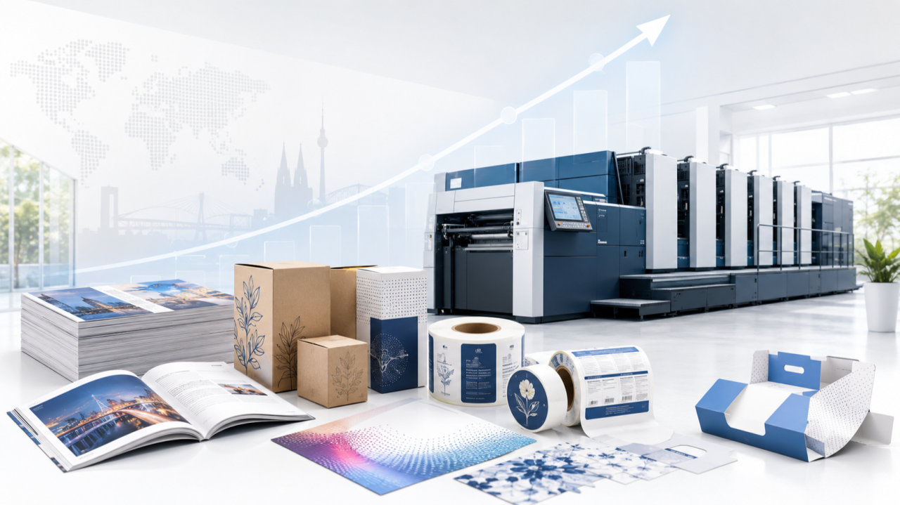 Offset printing press with printed magazines, packaging boxes and label rolls, and a rising growth arrow