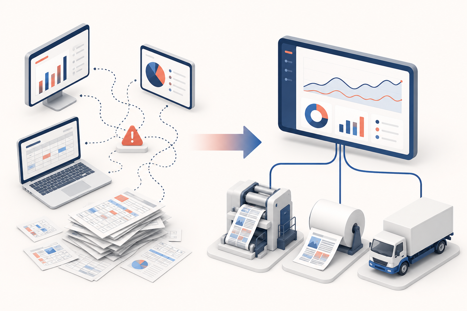 Abstrakte Illustration, die einen unübersichtlichen, getrennten Abgleichsprozess einem einzigen vernetzten Drucksystem gegenüberstellt